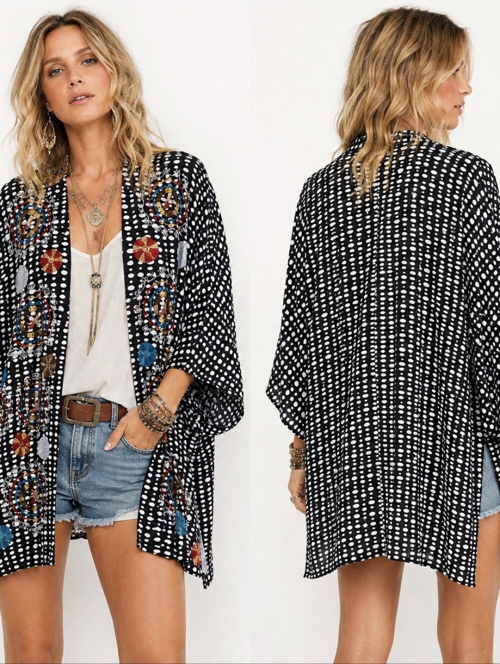 Anu‎ Oversized Embroidered Kimono Poncho Cape Jacket Robe S Artsy Boho Lagenlook